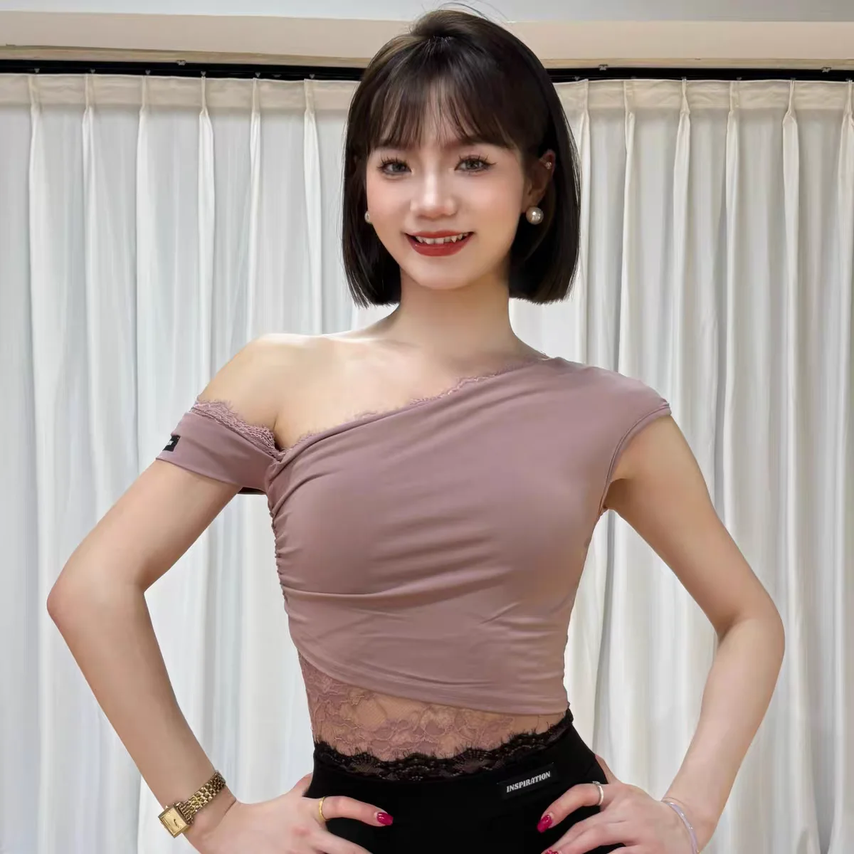 Latin Dance Costume Women Lace-spliced Sloping Shoulder Jumpsuit Practice Clothes Chahcha Samba Latin Dance Clothes Wear DN21212