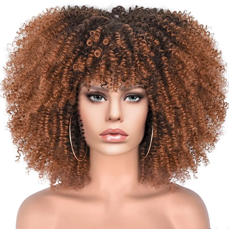 Krótki Afro peruka z kręconych włosów typu Kinky z grzywką dla czarnych kobiet Cosplay naturalne włosy Ombre mieszane brązowe blond różowe peruki syntetyczne