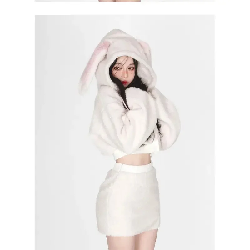 Новинка 2024, пушистая толстовка с кроличьими ушками для косплея, пальто с капюшоном для женщин Y2k E-Girl, облегающие юбки с высокой талией и разрезом, зимние утепленные теплые комплекты # 1 # В.
