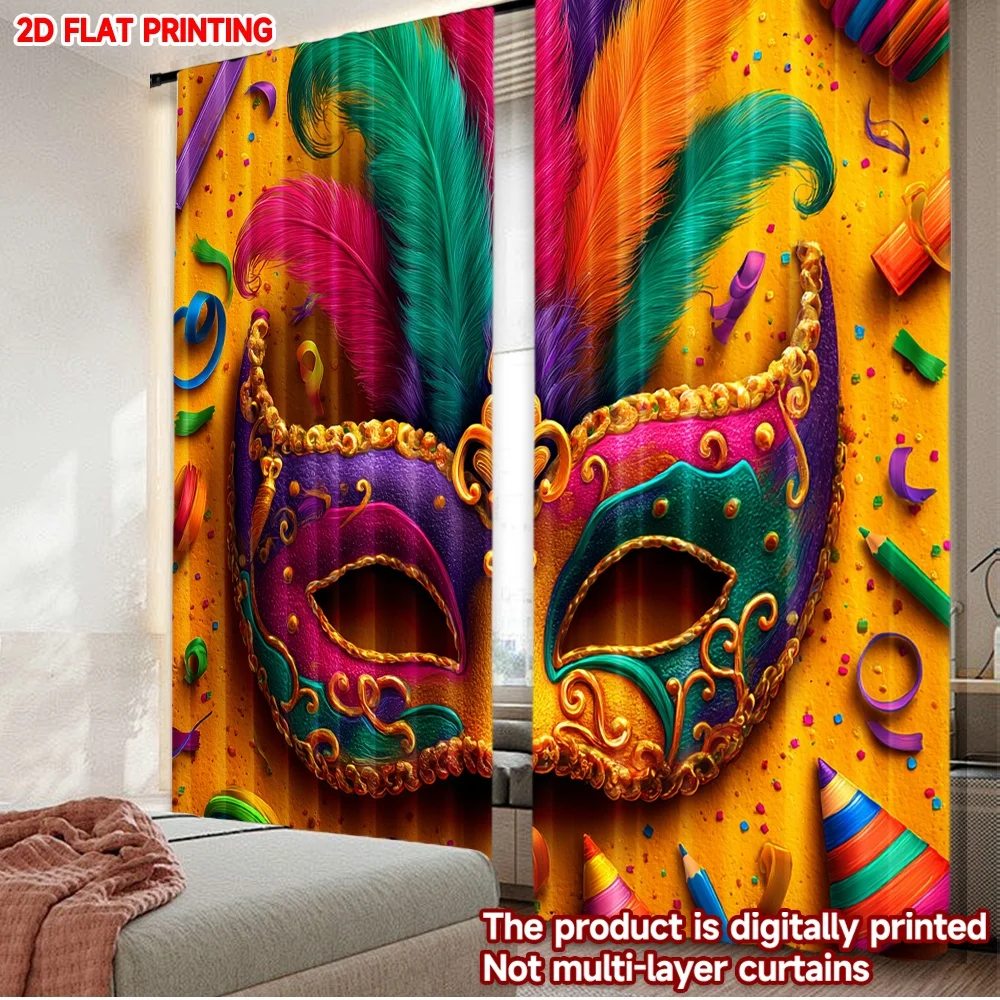 2D flat printing 2pcs Curtain Party Curtains Carnival Mask with Feathers(1) Digital Printed Polyester Drapes Family Party