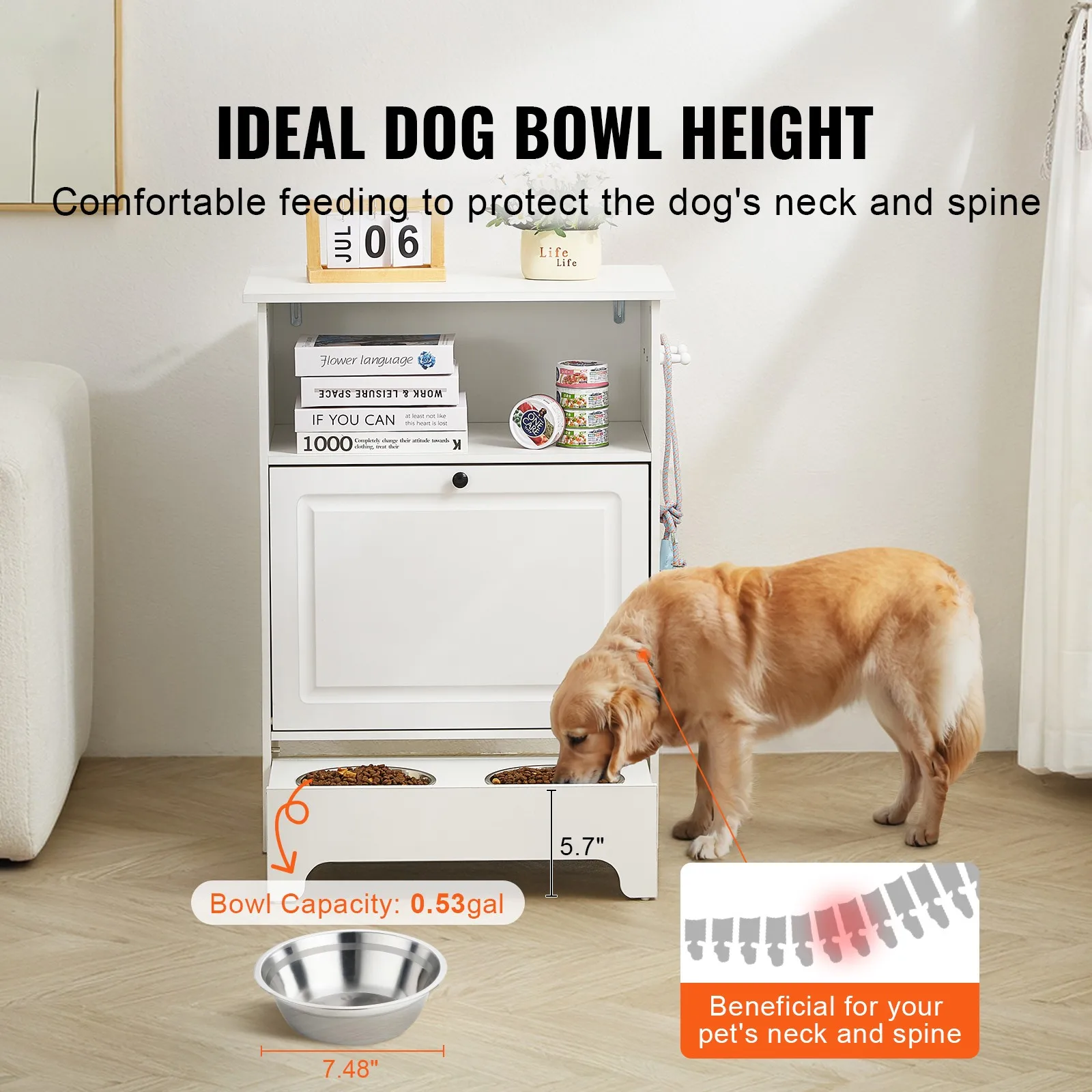 

Pet Feeding Station w/ 2 Elevated Dog Bowls Dog Food & Toy Storage Cabinet