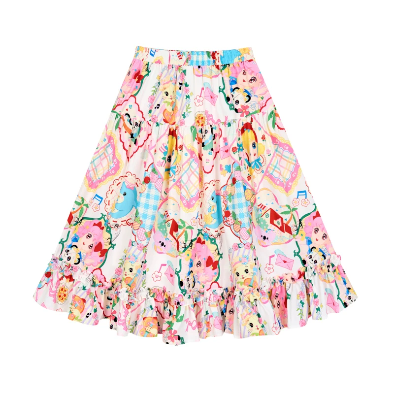 Japanese New Women's Clothing Spring Summer Cartoon Animation Printed Dress Retro Original Lace Splicing Versatile Skirts Ladies