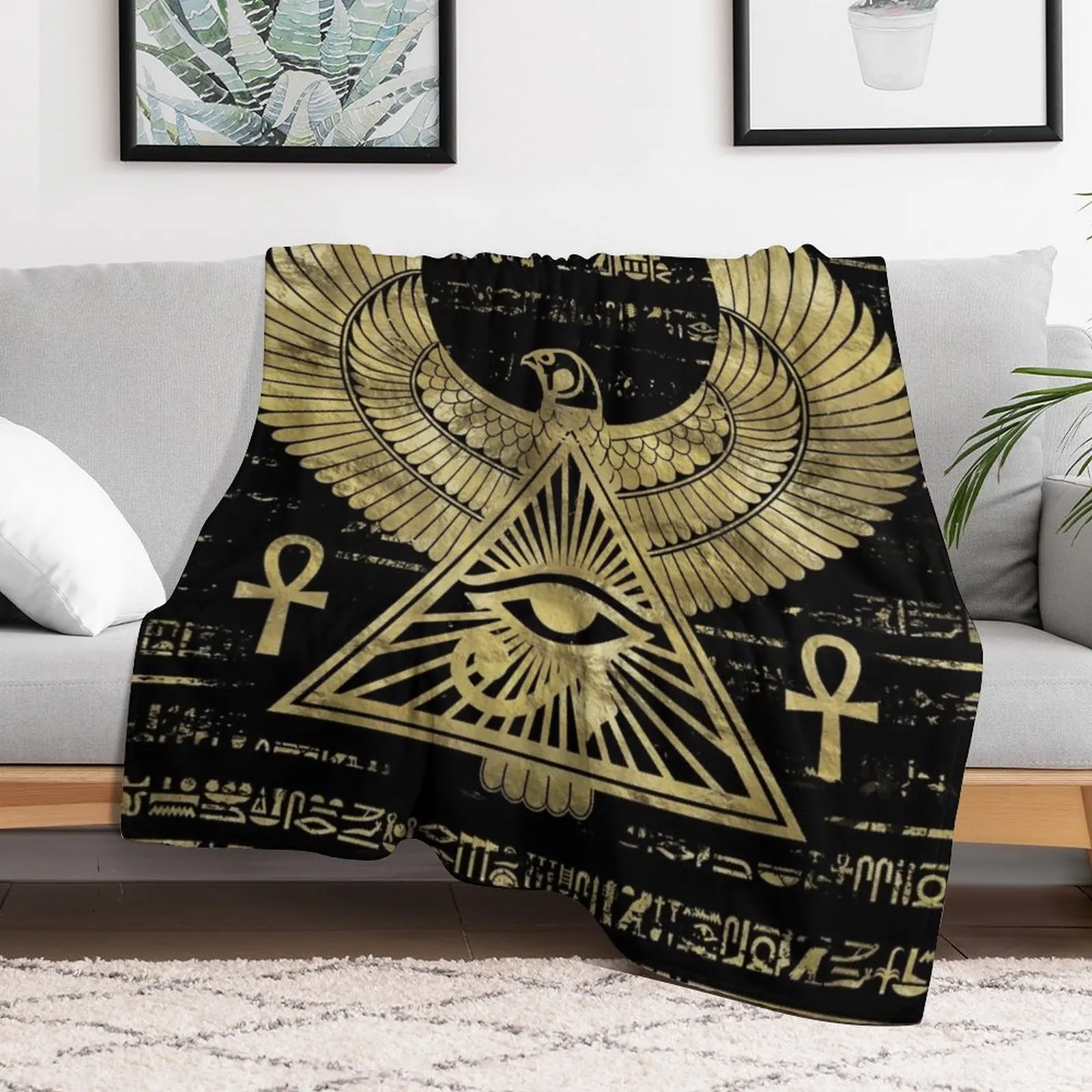 Egyptian Eye of Horus - Wadjet Gold and Black Throw Blanket blankets ands Camping funny gift Blankets