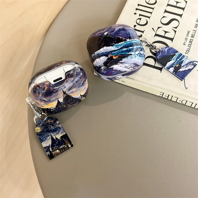 For Samsung Galaxy Buds 4 Pro 3 FE Buds Live 2 Core Retro Oil Painting Gloss Wave Castle Protective Case Earphone Pendant Cover