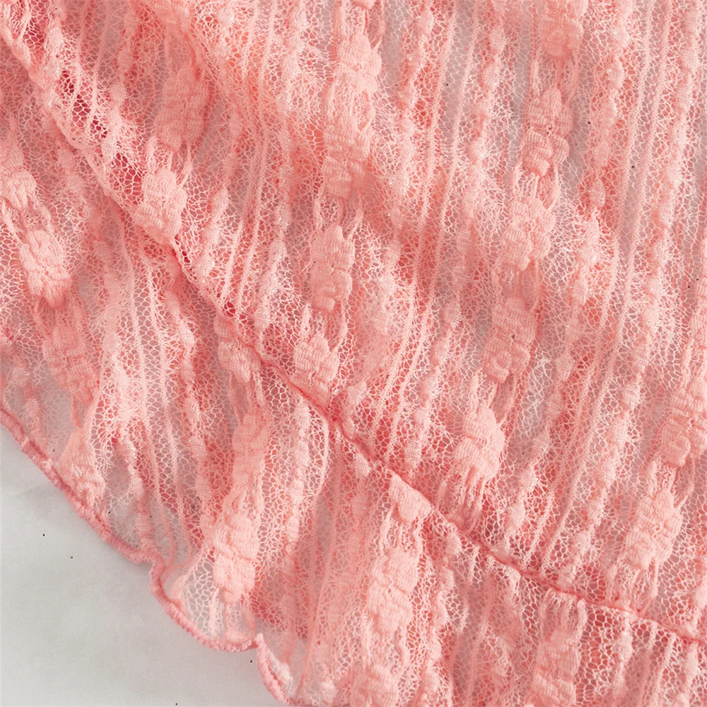 Maillot de bain en maille unie, tenue de plage, à volants, manches longues, Cover-Up pour les vacances, pour femmes, ensemble deux pièces en dentelle rose