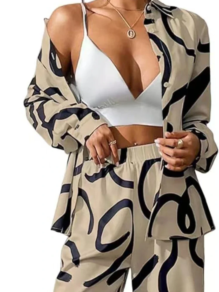 2 Piece Sets Women Outfit Spring Summer New Fashion Printed Long Sleeves Tops Suits Casual Loose Women\'s Home Wide Leg Pant Set