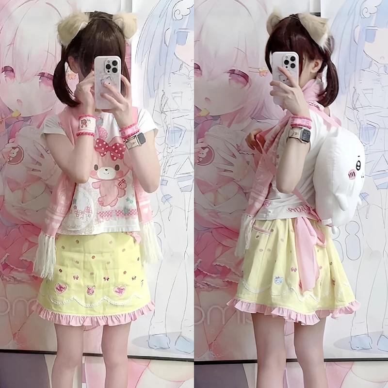 ญี่ปุ่นกระโปรงมินิน่ารักสาวหวานแขนสั้นกระโปรงสีเหลือง Harajuku ผู้หญิง Lolita Kawaii การ์ตูน Y2k ฤดูร้อน 2024 กระโปรง