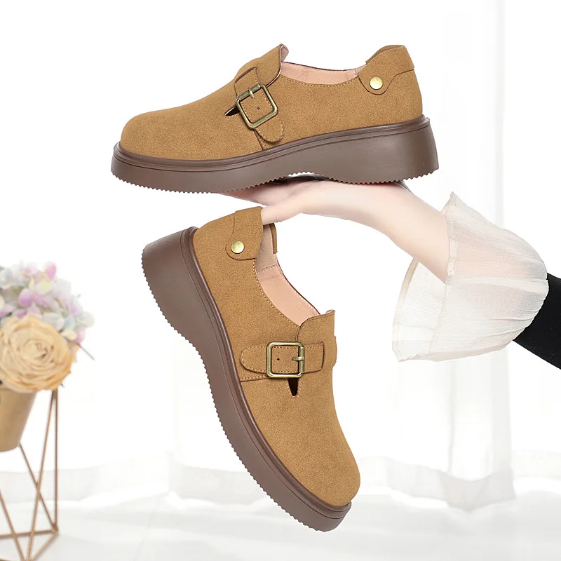 Vintage Breathable Comfortable Shalllow Mouth Soft Suede Shoes Women Loafers 2025 Spring Thick Flat Platform Shoes Office Mom