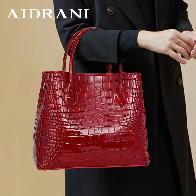 Aidrani  Fashionable and luxurious cowhide women's bag, large capacity crocodile patterned patent leather handbag