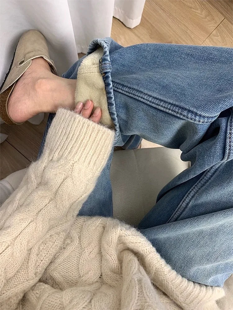 

High Waist Fce Lined Thi Wide Leg Jeans Women's Slim Fit Bootcut Denim Pants Winter Casual Comfortable Trousers