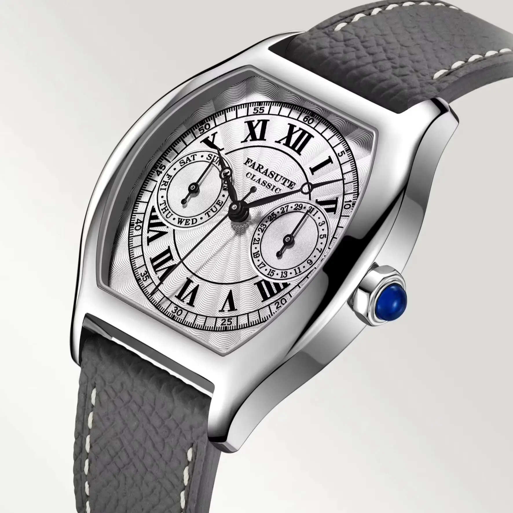 FARASUTE Men Quartz Watch Pilot 36mm Tonneau Wristwatch Fashion Sapphire Mirror 50M Waterproof VH64 Week Date Roman Scales