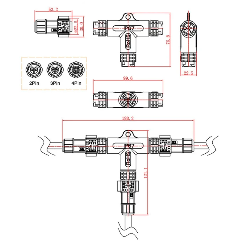 M19 3Pin Self-locking Tee Waterproof Connector 2Pin T-type Plug 20A Large Current Assembled Joint Weld Male Female Head