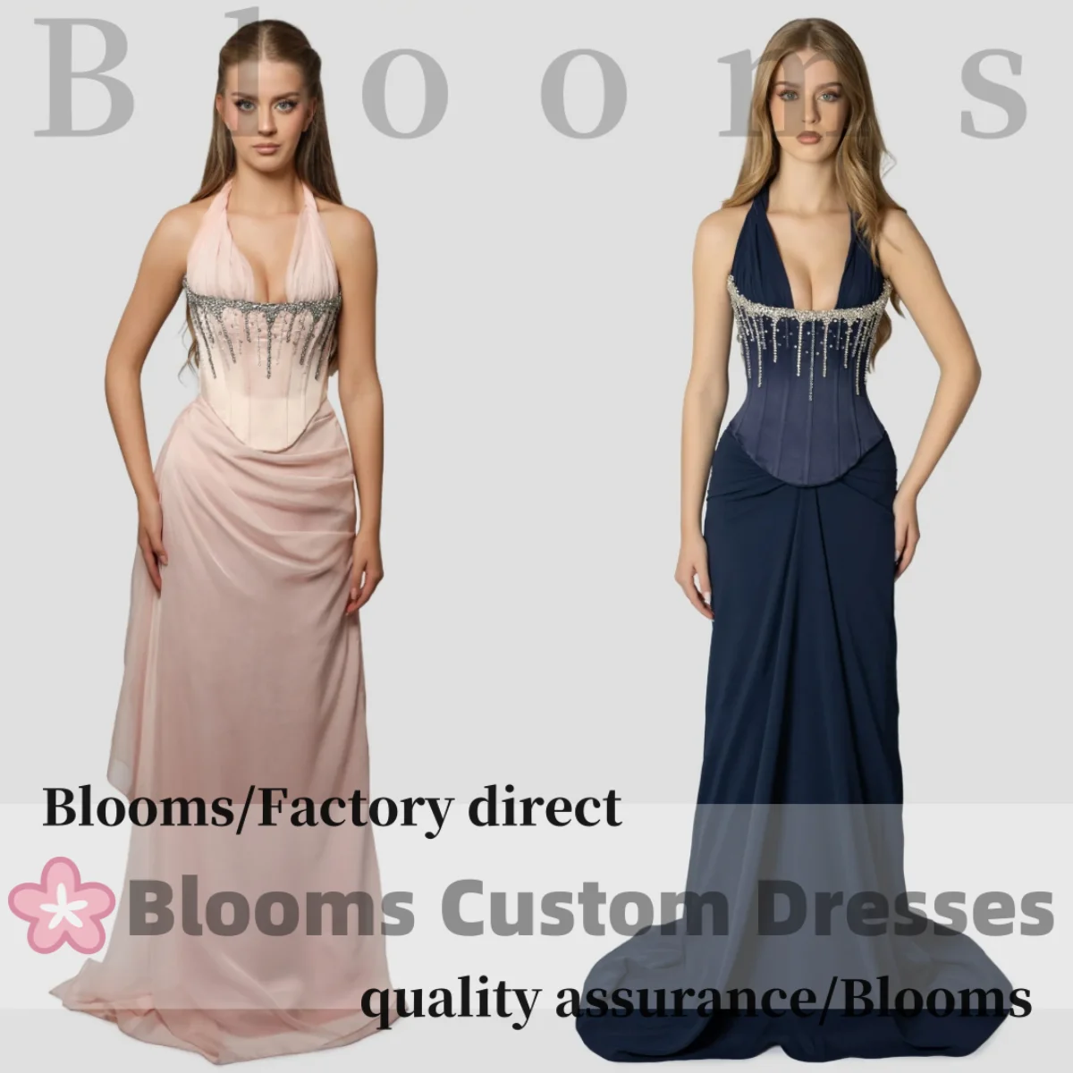 Customized Pink Halter Rhinestone Sexy Evening Dress Chiffon Ruched Satin Sweet Wedding Evening Dresses Floor-Length