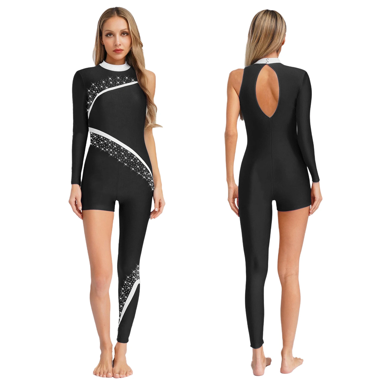 

Women Asymmetrical Unitards Gymnastics Yoga Bodysuit Ballet Dance Skating Performance Dresses Rhinestones Jumpsuit Competition