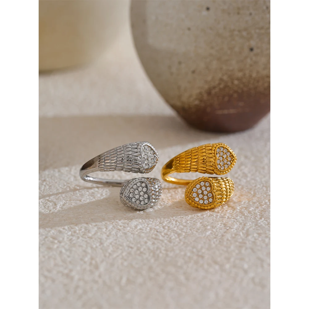 Yhpup Stylowy regulowany pierścionek ze stali nierdzewnej z cyrkoniami w kształcie serca węża dla kobiet 18K PVD Plated Jewelry New — zdjęcie 5