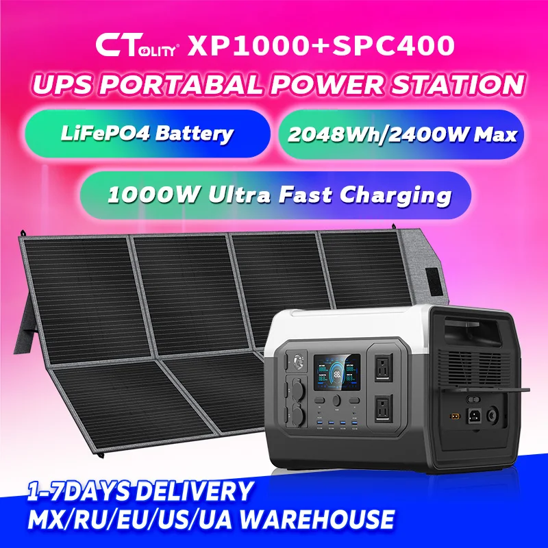 

CTOLITY XP1000 Портативный солнечный генератор 1600 Вт с солнечной панелью 400 Вт LiFePO4 аккумулятор 1024 Втч для наружной электростанции RV Off-Grid