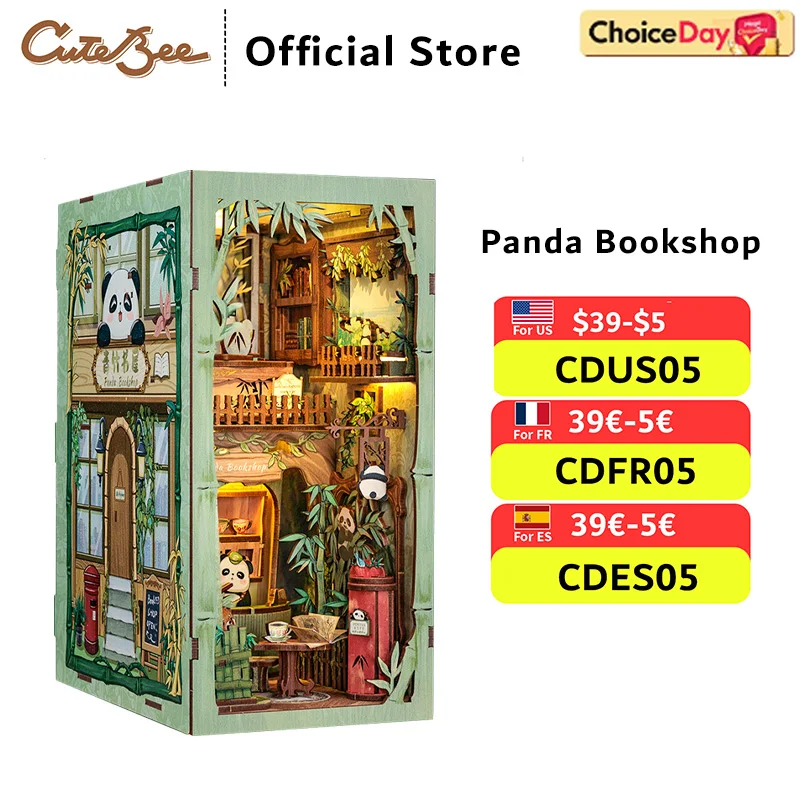 

CUTEBEE DIY Book Nook Kit Cute Panda Bookshop Miniature Dollhouse with Light Dust Cover Bookshelf Insert for Craft Birthday Gift