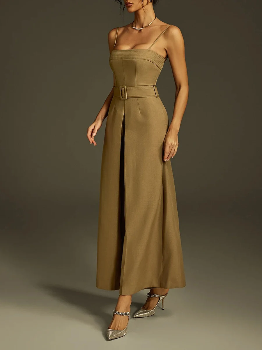 VGH 우아한 솔리드 슬리밍 점프 슈트 여성용 스퀘어 칼라 민소매 하이 웨이스트 스플라이스 벨트 캐주얼 통근 점프 슈트 여성