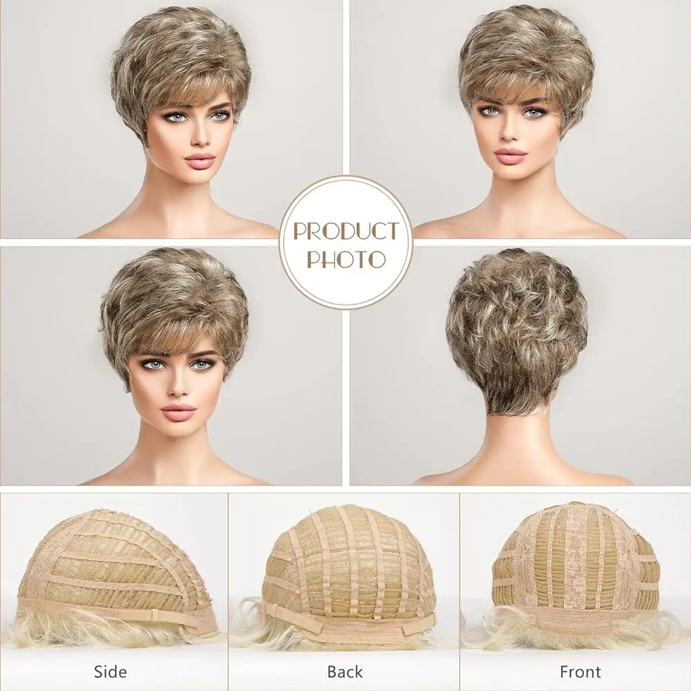 Short Brown Mixed Blonde Wigs for Women Pixie Curly Wave Bob Wigs With Bang Natural Daily Use Hair Kanekalon Synthetic Women Wig