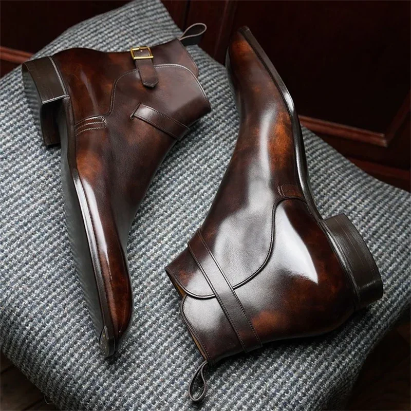 

Handmade Men's Shoes New Men Ankle Boots Brown Black Buckle Strap Classic Fashion Business Shoes for Men with Zapatillas Hombre
