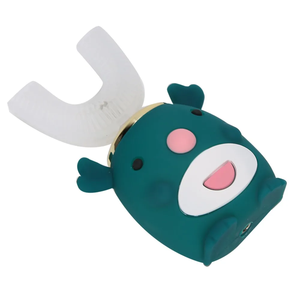 Silicone Bristles Children Electric Sonic Toothbrush Rechargeable Cartoon U-Shaped Toothbrush 360 Degree Rotation Green