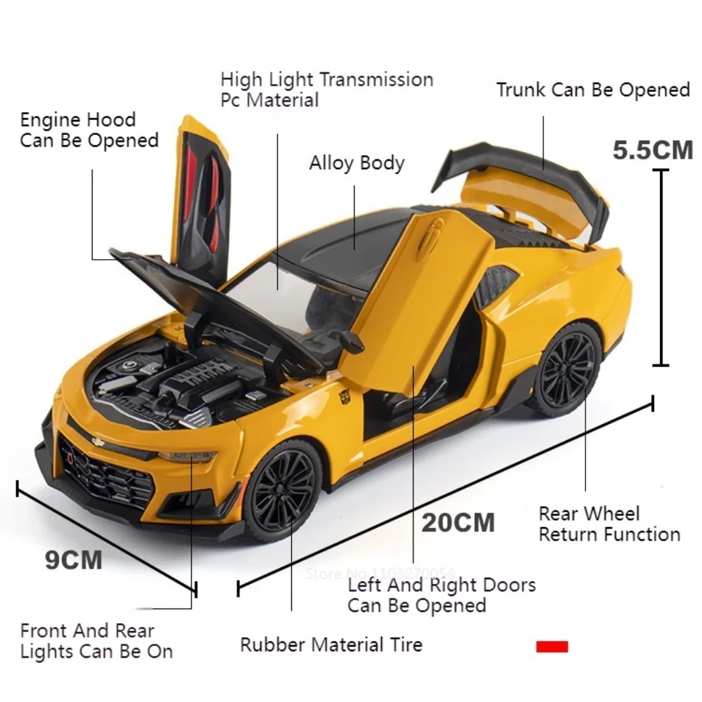 1:24 camaro atlantico brinquedos modelos carros liga diecast carros esportivos 4 portas abertas pneus de borracha som luz puxar para trás para crianças presentes