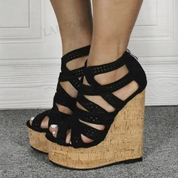 DOHBANER Women Sandals Faux Suede Platform Wedges Height Increase Pumps Female Open Toe Zip Up Shoes Woman Large Size 42 47 52