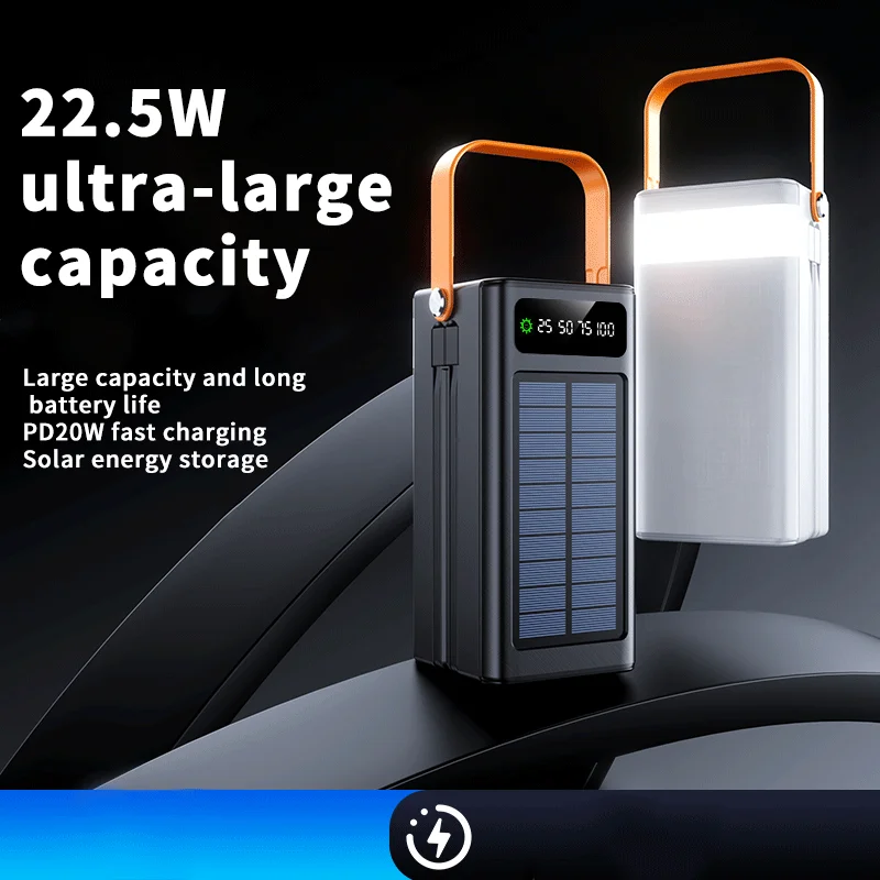 50000mAh power bank, portable power bank, solar panel, LED display screen, bidirectional fast charging, suitable for camping