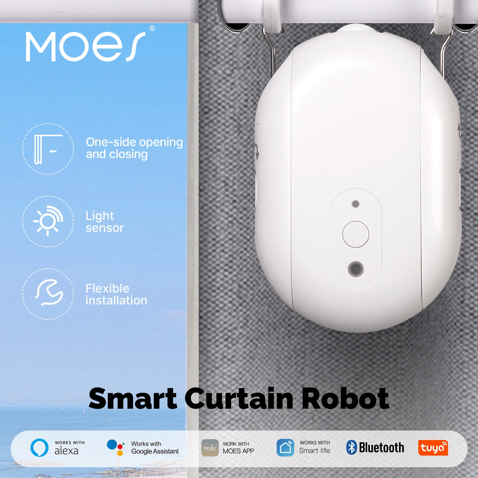 

MOES Tuya Bluetooth Smart Electric Curtain Robot Timing Auto Opener Light Sensor App Remote Control Support Alexa Google Home