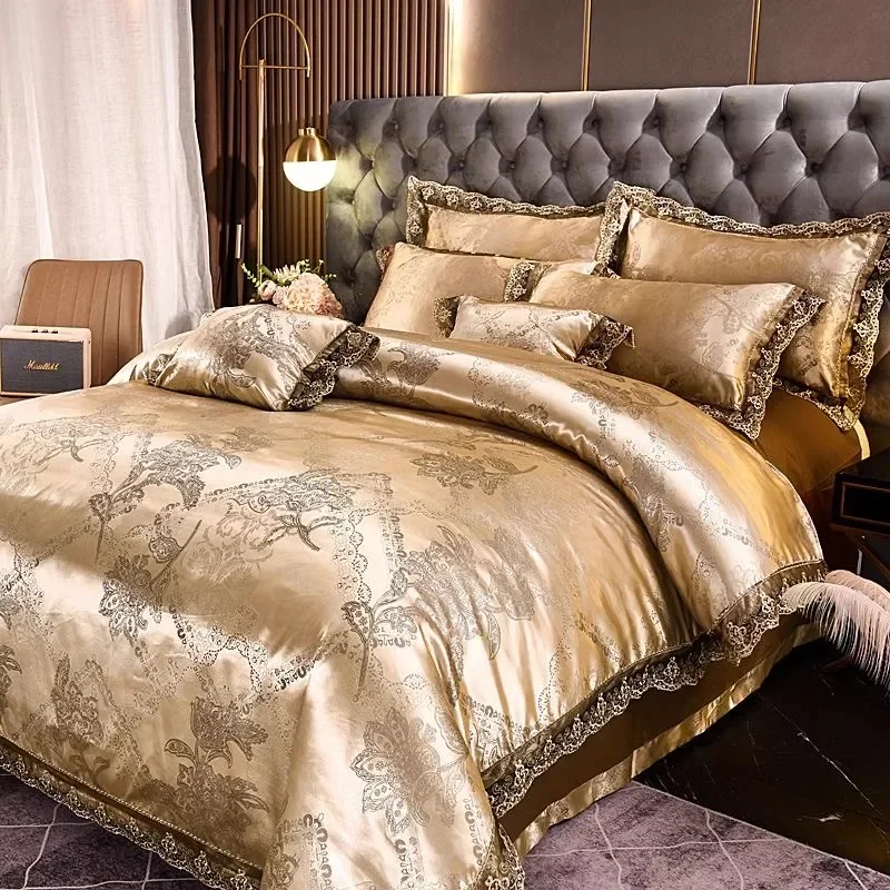 New High-end European Satin Jacquard Four-piece Lace Duvet Cover Sheet Double Bedding Bedding Set