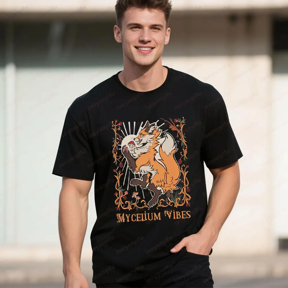 

Mycelium Vibes Unisex T-Shirt Furry Fox Unique Design Printed Tshirt Fursona Gift Tee Tops Art Men Casual Shirt Women Summer Tee