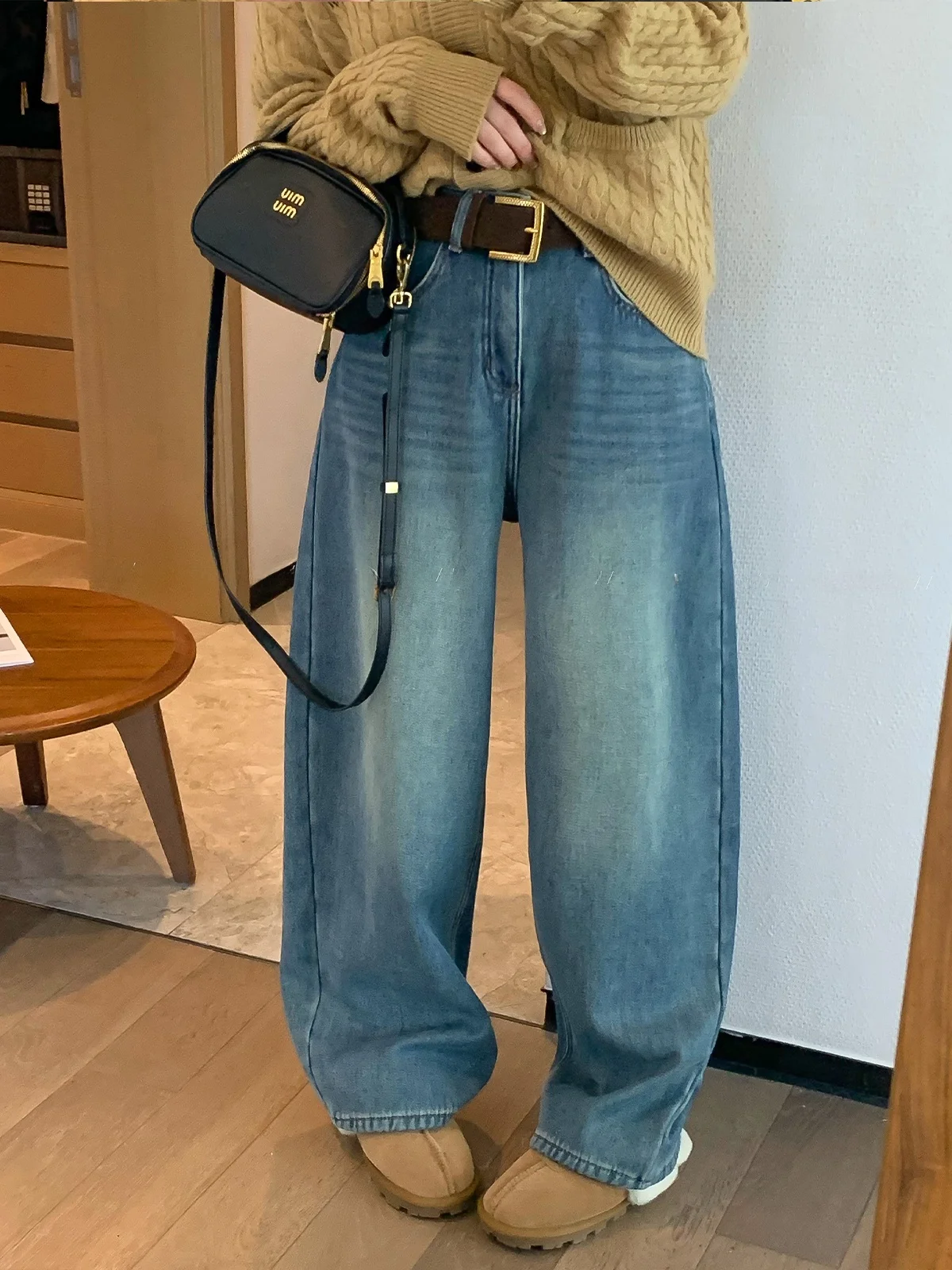 

Женские зимние джинсы с высокой талией и широкими штанинами, синие джинсовые джинсы с поясом, свободный крой Love Devil Fi Commute Sle