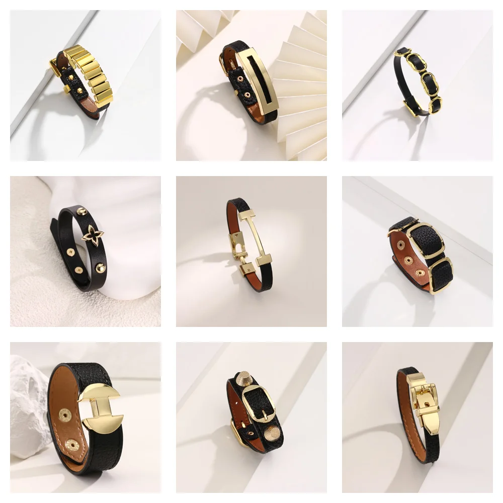 

Women's Black Leather Bracelet, Adjustable Punk Style Wristband, Simple Cool Fashion Jewelry, Multiple Designs Available
