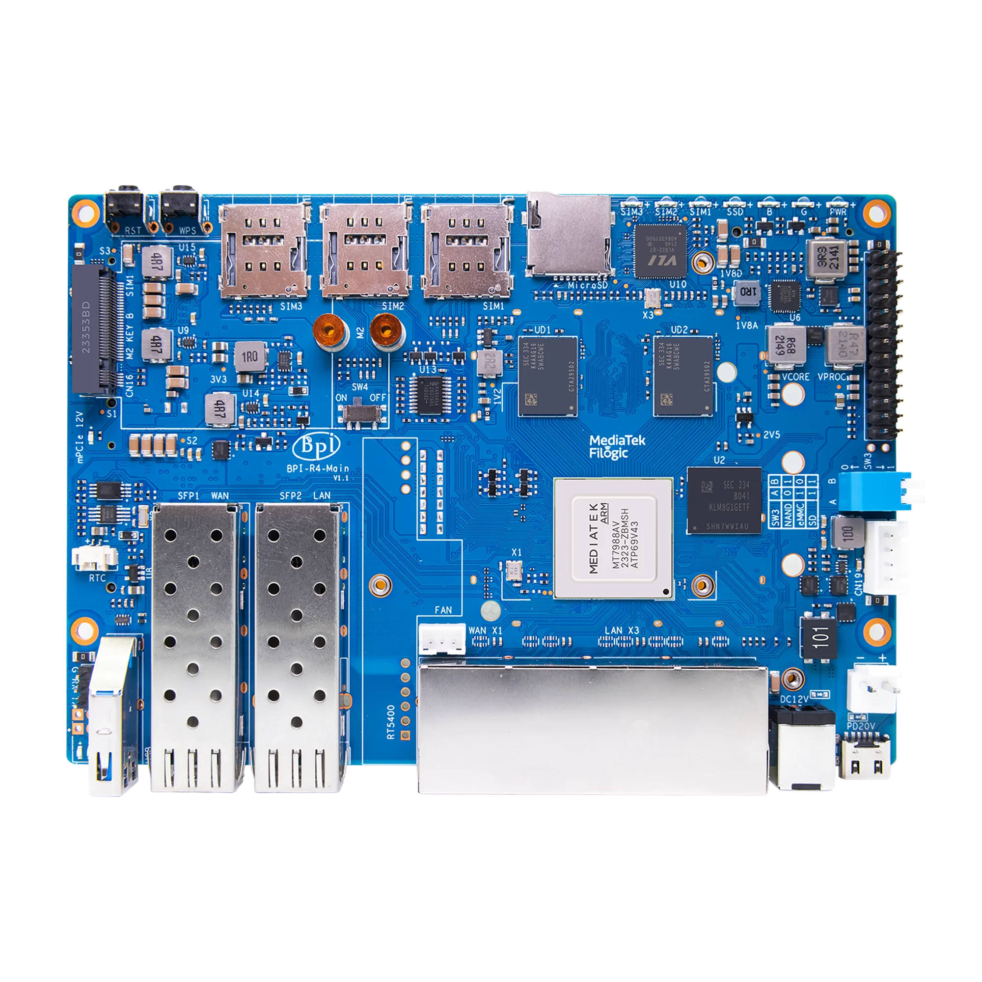 Banana Pi BPI-R4 MediaTek MT7988A (Filogic 880) quad-core Arm Corex-A73 4GB DDR4 8GB eMMC flash Smart Router Board