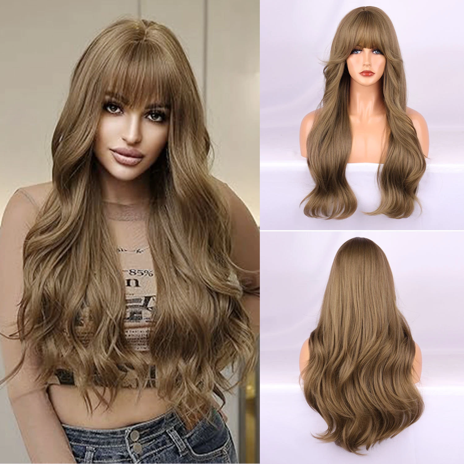 

Water Wave Wigs With Bangs cold brown Heat Resistant Fiber Long Wavy Deep Wave Synthetic Wigs For Women cosplay Party Daily Used