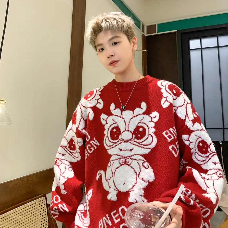 

Red Loose round Ne Knitted Sweater Dragon Year Men's Casual Comfortable Warm Base Layer irt Spring Autumn American Casual