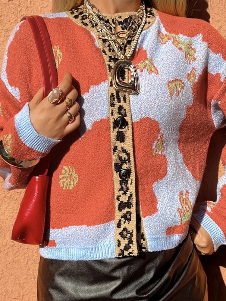 

Winter Single Breasted Design Office Sweater Casual Women O-neck Long Sleeved Cardigan Leopard Print Patchwork Loose Fit Sweater