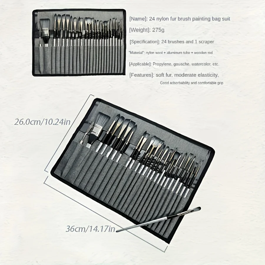 나일론 브러시 페인팅 가방 세트, 전문 미술 페인팅 세트, 다기능 통나무 수채화 오일 페인트 브러시 세트, 24 개
