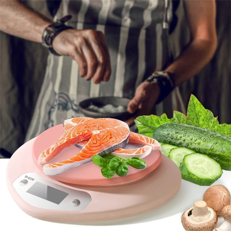 Báscula para hornear de cocina multifunción A01V, báscula Digital portátil de alta precisión en forma de corazón rosa, báscula electrónica LCD de 5Kg/1G