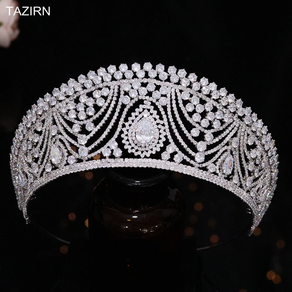 

TAZIRN New 5A Cubic Zirconia Handmade Big Wedding Crowns for Bride Birthday Party Diadema Princess Tiara Bridesmaid CZ Headdress