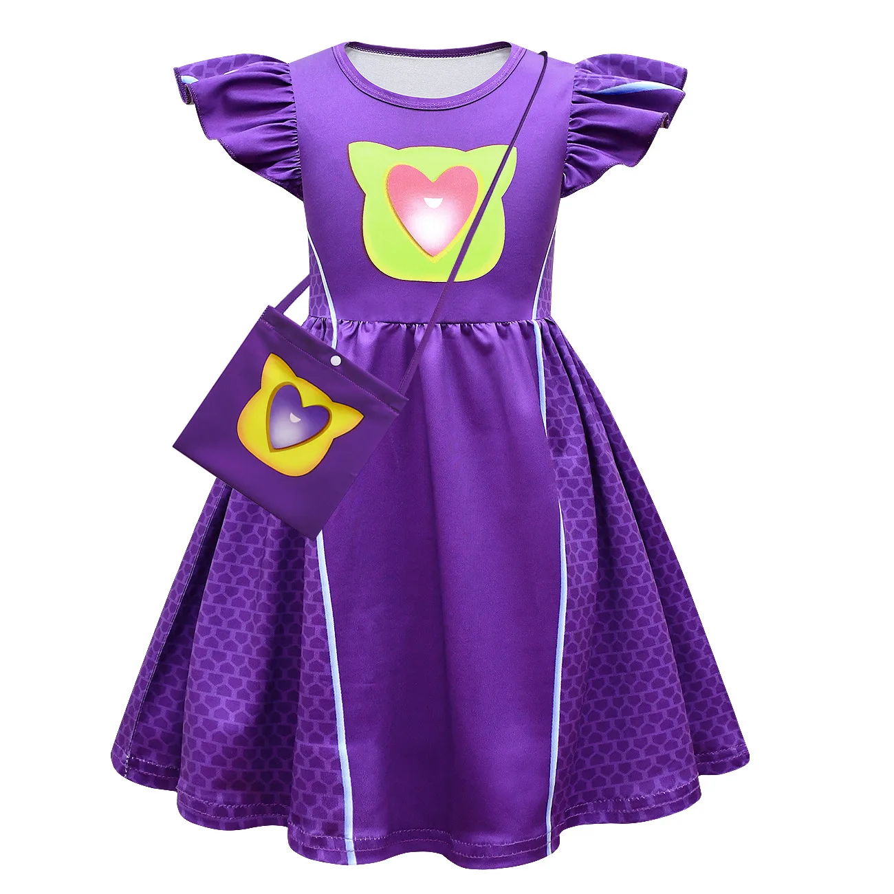 Kids Cosplay Costume Super-Kitties Girls Princess Dress+Mask Set Children Summer Short Sleeve Cartoon Cat Performance Dress Gift