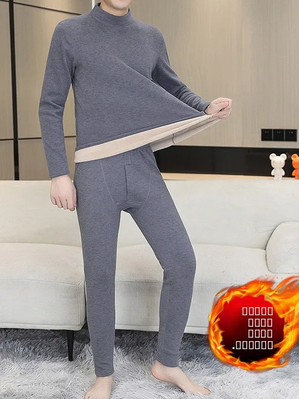 

Men's Thermal Underwear Set f High Collar De Pure Color Winter Fce Double Sided Brued Autumn Clothes Pants