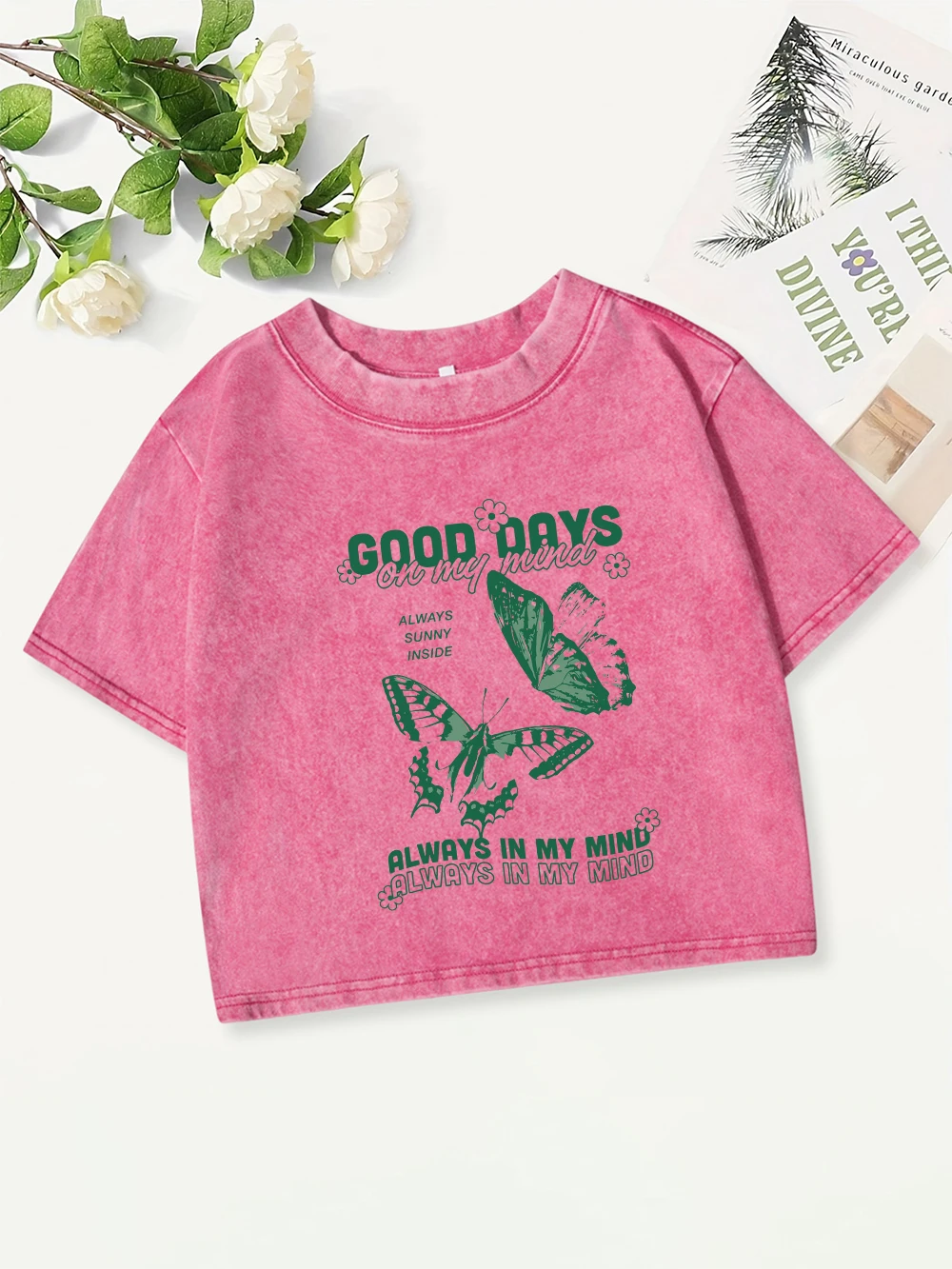 

Summer Cotton Crop Tops Womens Good Days On My Mund Printing Washed T-Shirts Y2K O-Neck Regular Fit Streetwear Casual Clothes