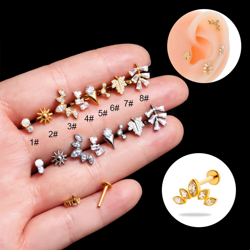 

1PC G23 Titanium Zircon Leaf Horse's Eye Labret Ear Studs Flat Back Lobe Helix Tragus Internal Thread Lip Stud Piercing Jewelry