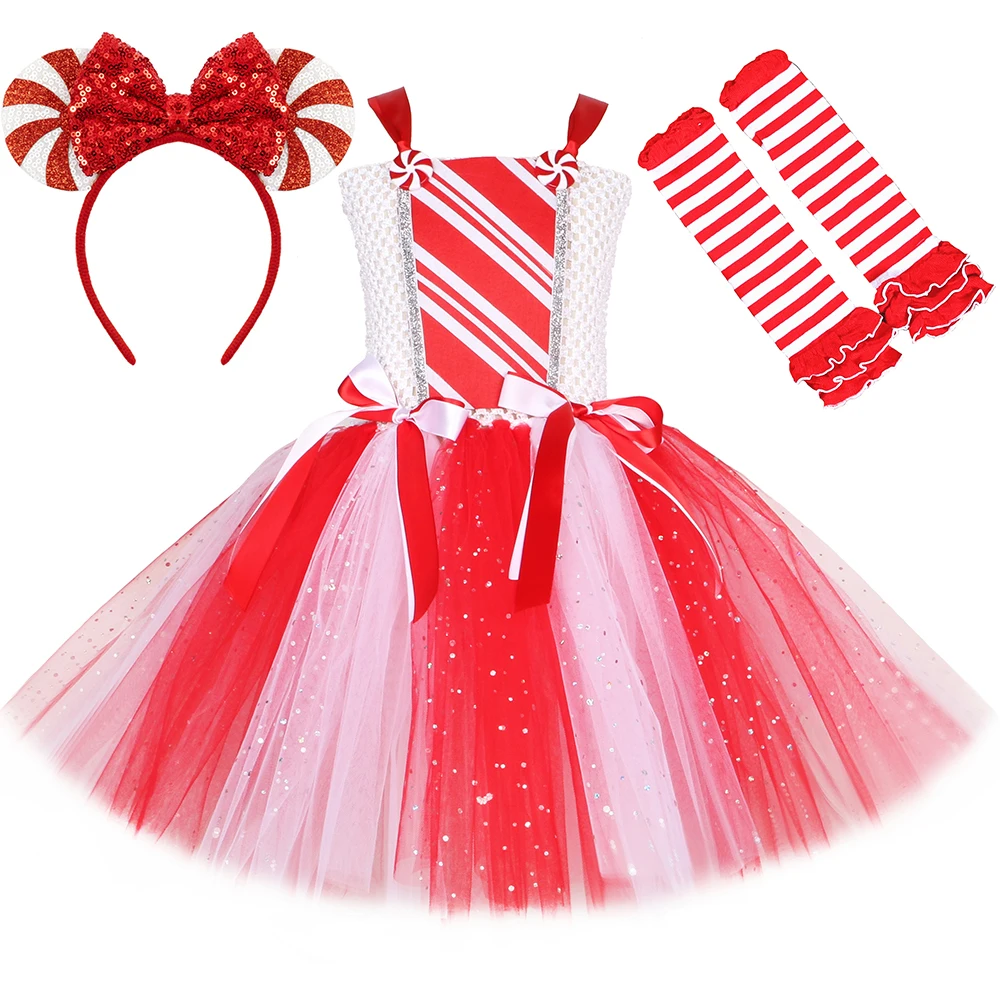 

Red White Girls Christmas Candy Cane Tutu Dress Outfits Glittery Mrs Santa Claus Costume for Kids New Year Xmas Party Dresses