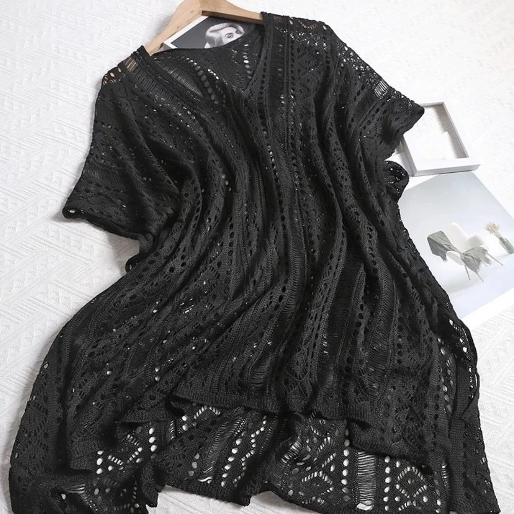 

Oversized Hollow Out Swimsuit Cover Up V-neck Crochet Sweater Knitted Bikini Cover Up Bohemian Style Mesh Beach Wear Pool