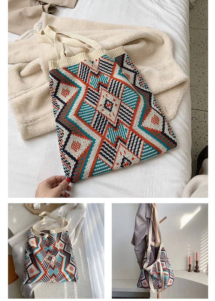 Lady Knitting Gypsy Bohemian Boho Chic Aztec Tote Bag Women Crochet Casual Open Shopper Top-handle Bag 2024 Female Daily Handbag