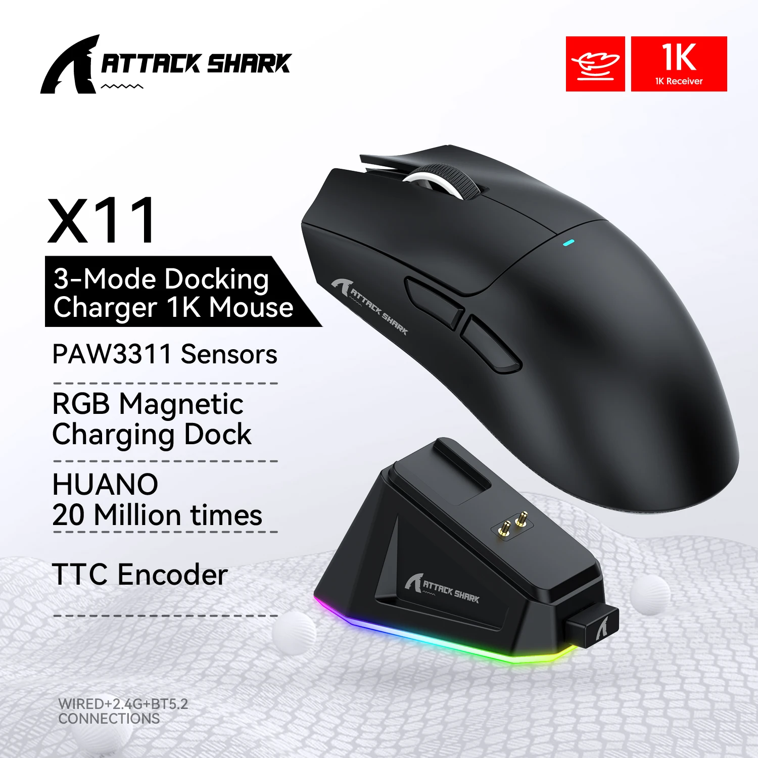 Mouse Attack Shark X11 preto com dock de carregamento e legendas destacando recursos como TTC Encoder e 20 milhões de clicks