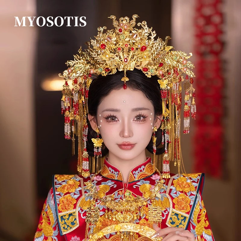 Retro Traditional Wedding Bride Hanfu Costume Headdress Chinese Style Phoenix Luxurious Handmade Hair Crown Accessories