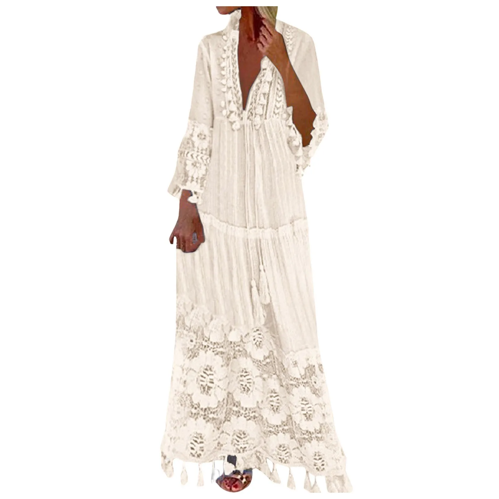 أزياء الصلبة اللون فستان الدانتيل المرقعة هامش فستان بكم طويل عطلة الشاطئ الجوف خارج فساتين طويلة صيدا دي برايا الأنثوية #1